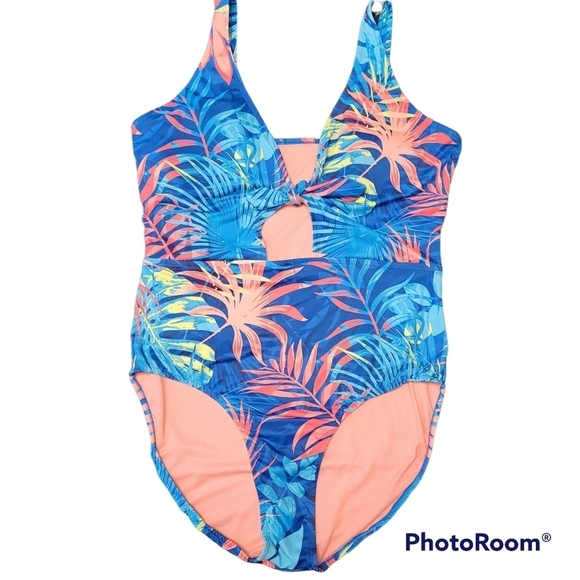 Tropical Blue and Pink One-Piece Swimsuit - Picture 1 of 7